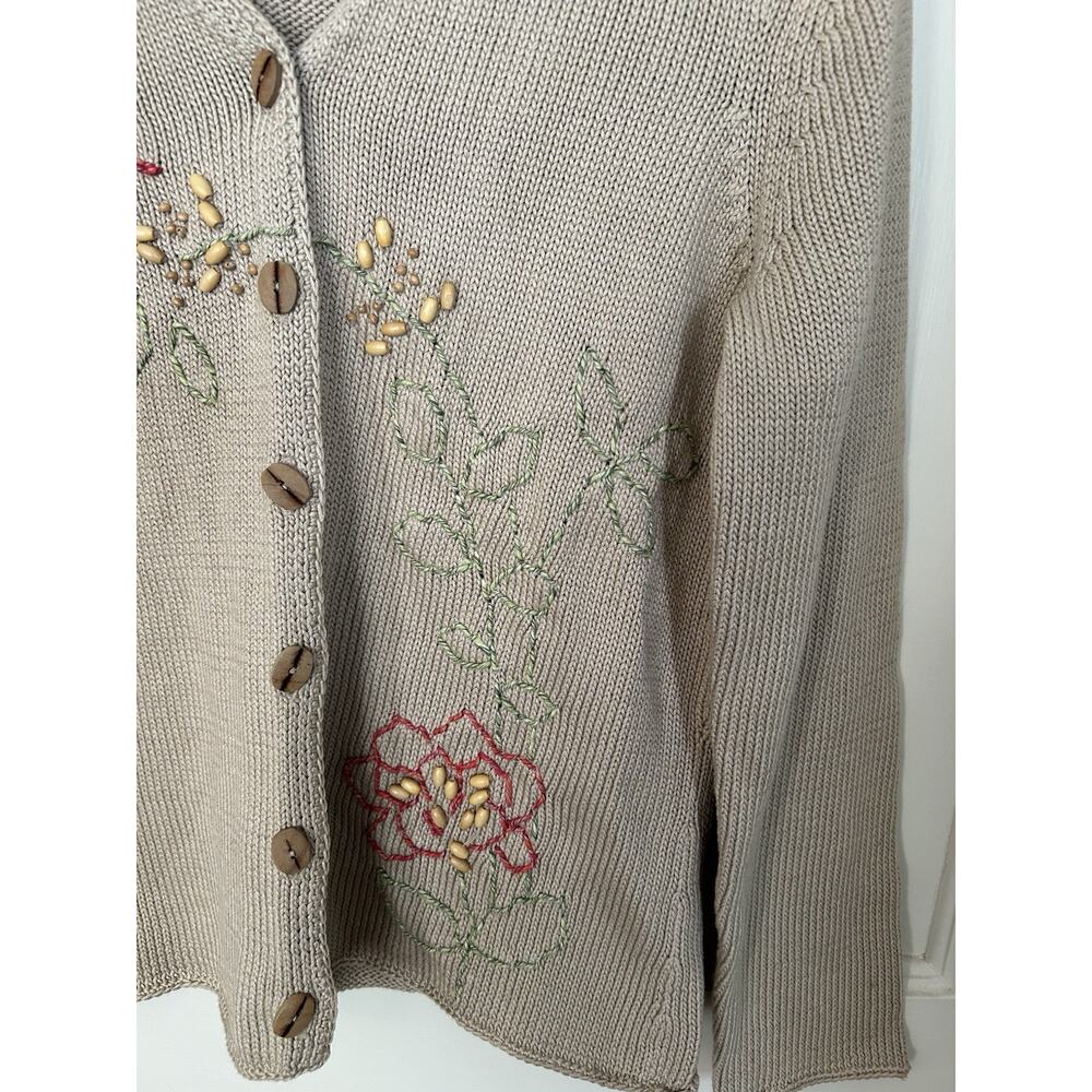Vintage Talbots Floral Embroidered Beaded Cardigan Sweater Womens Size Med. Tan - Picture 3 of 10